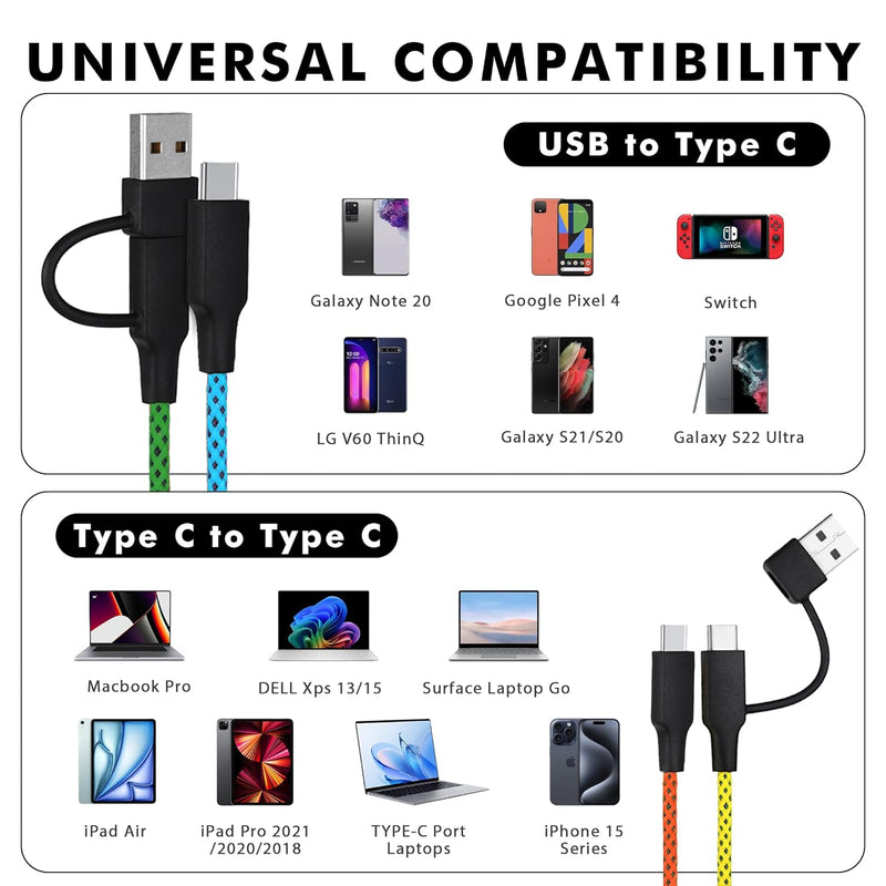 TRAVEL DEPOT 2-Pack Multi Charging Cable – 3ft Ombre Braided 2-in-1 USB Cord with Type-C & USB Connectors for iPhone & Galaxy