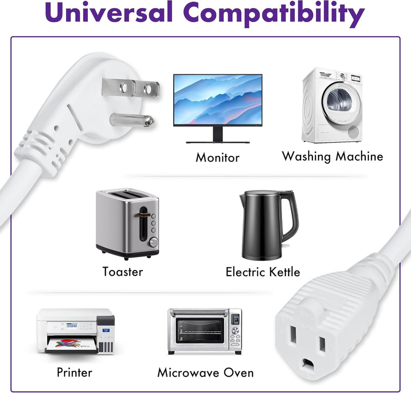 UL Certified 3-Prong Extension Cord 2-Pack – 1FT Short Flat Plug Power Cords