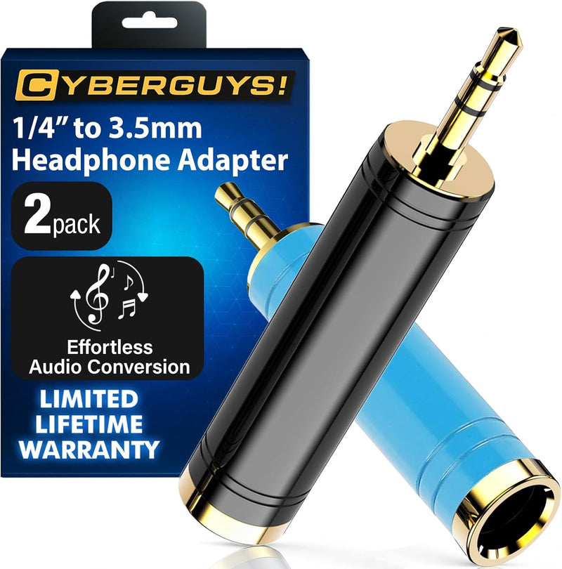 Cyberguys 2-Pack 3.5mm to 1/4 Adapter – Gold-Plated Stereo Jack Converter for Headphones & Amps