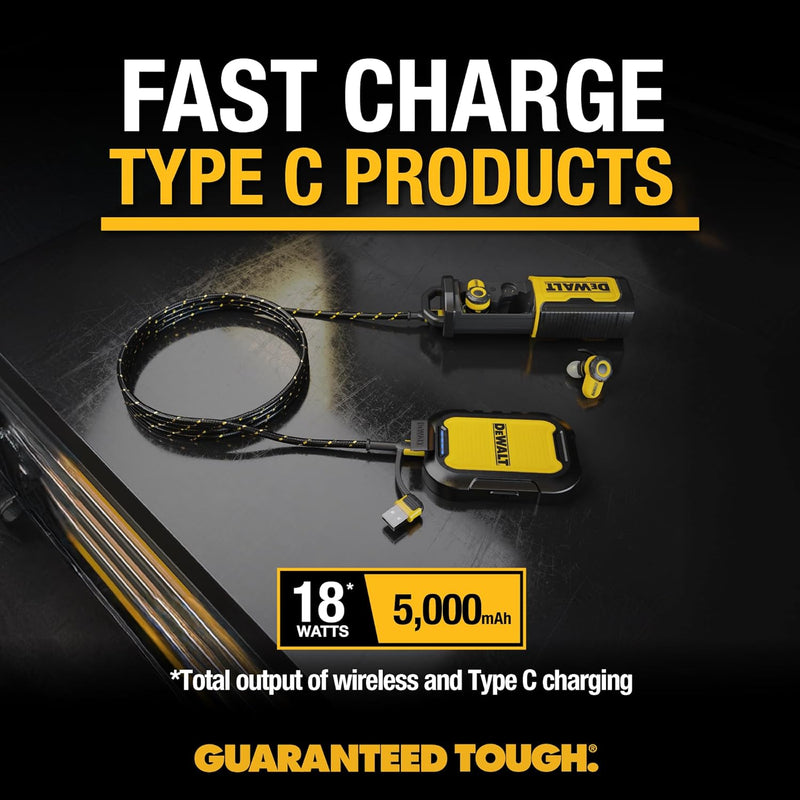 DEWALT 5,000mAh Magnetic Power Bank – Rugged Wireless Fast Charger w/USB-C Cable