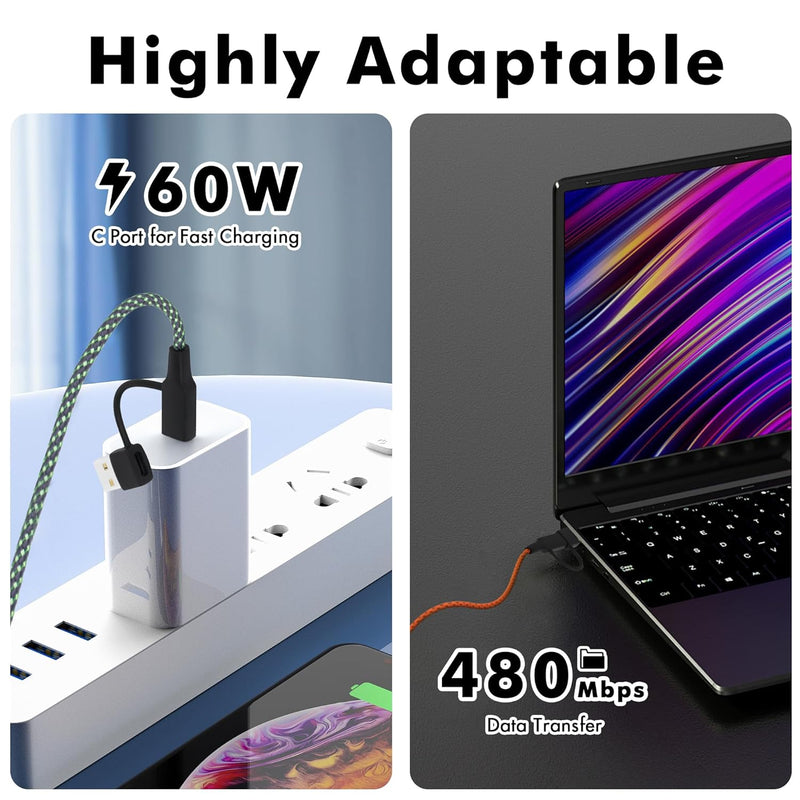 TRAVEL DEPOT 2-Pack Multi Charging Cable – 3ft Ombre Braided 2-in-1 USB Cord with Type-C & USB Connectors for iPhone & Galaxy