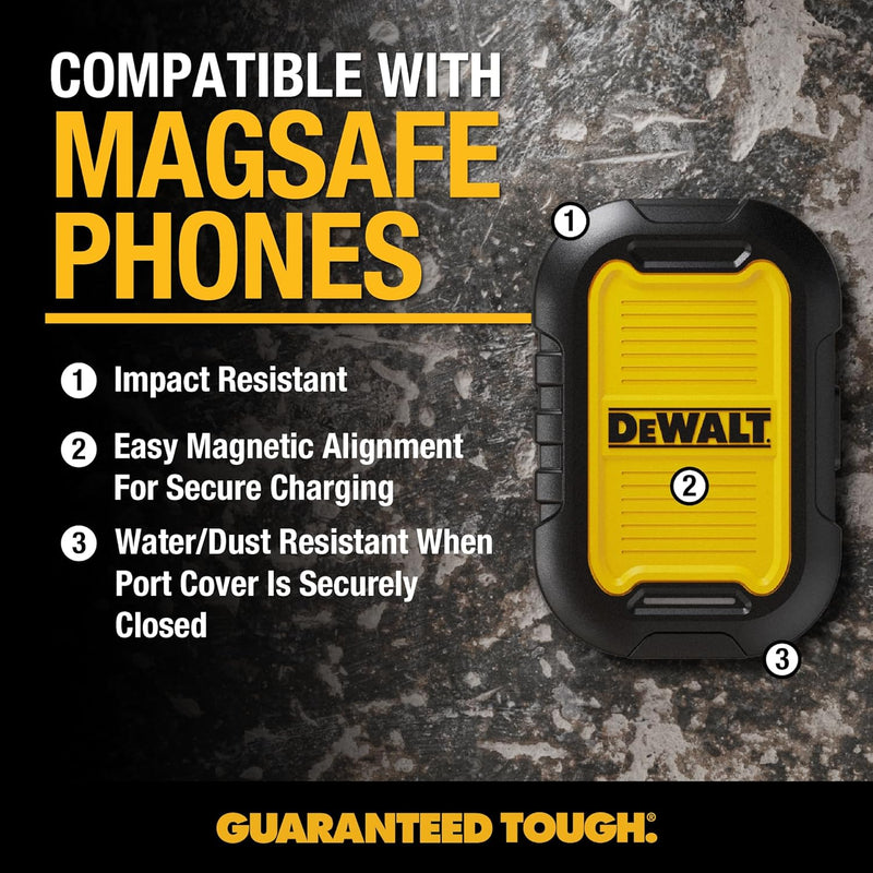 DEWALT 5,000mAh Magnetic Power Bank – Rugged Wireless Fast Charger w/USB-C Cable