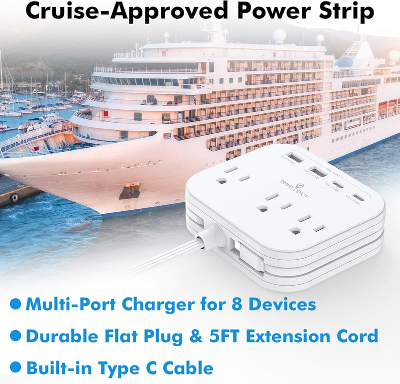 Cruise Essentials Flat Plug Power Strip – 5ft Extension Cord w/ 3 Outlets & 4 USB Ports