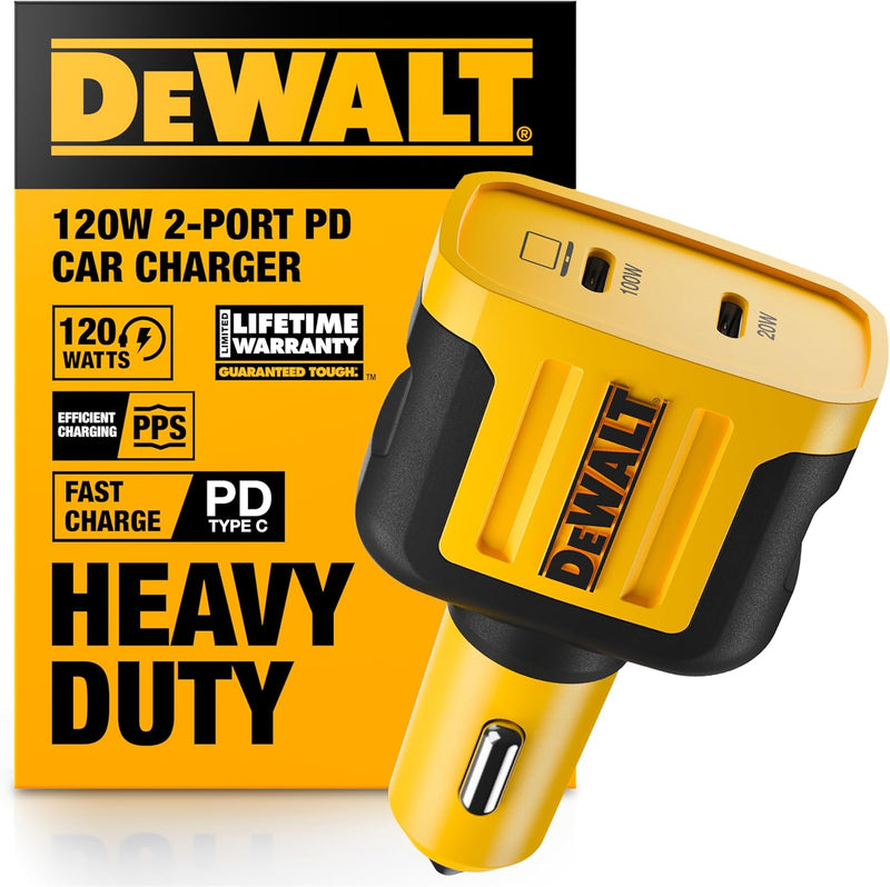 DEWALT Heavy Duty 120W USB-C Car Charger – Dual PD 3.0 PPS Fast Adapter