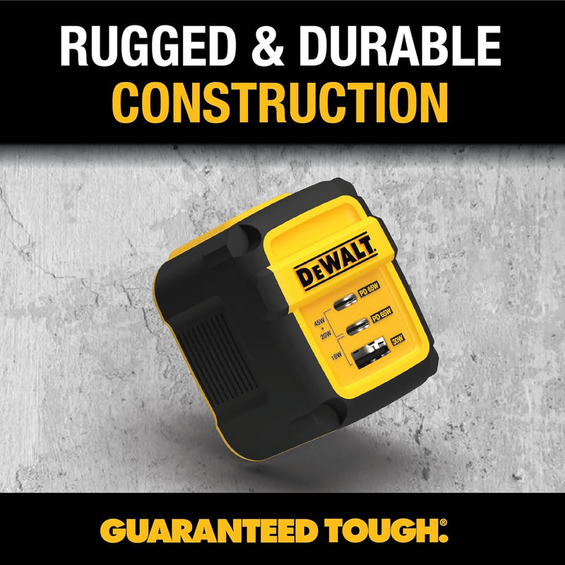 DEWALT Heavy Duty 65W USB-C GaN Wall Charger – 3-Port Fast PD Compact Adapter