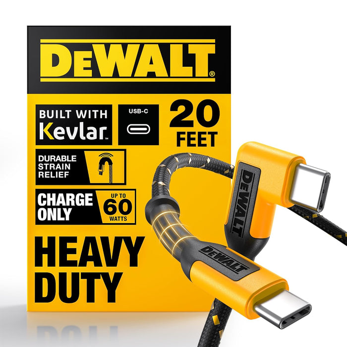 DEWALT Heavy Duty Extra-Long USB-C Cable (20 ft/6 m) – 60W Fast Charger w/90° Connector for Oculus, PS5, Samsung Galaxy, Z Fold/Flip