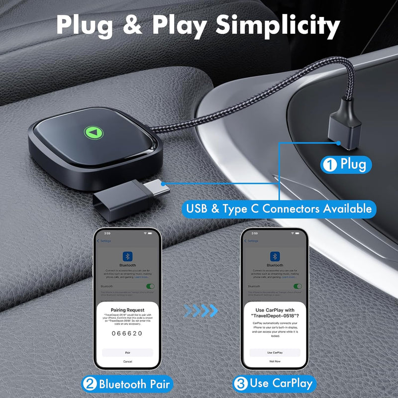 TRAVEL DEPOT Wireless CarPlay Adapter – Plug & Play Bluetooth Dongle Converts Wired to Wireless Apple CarPlay, Fast Auto Connect, Works w/800+ Car Models