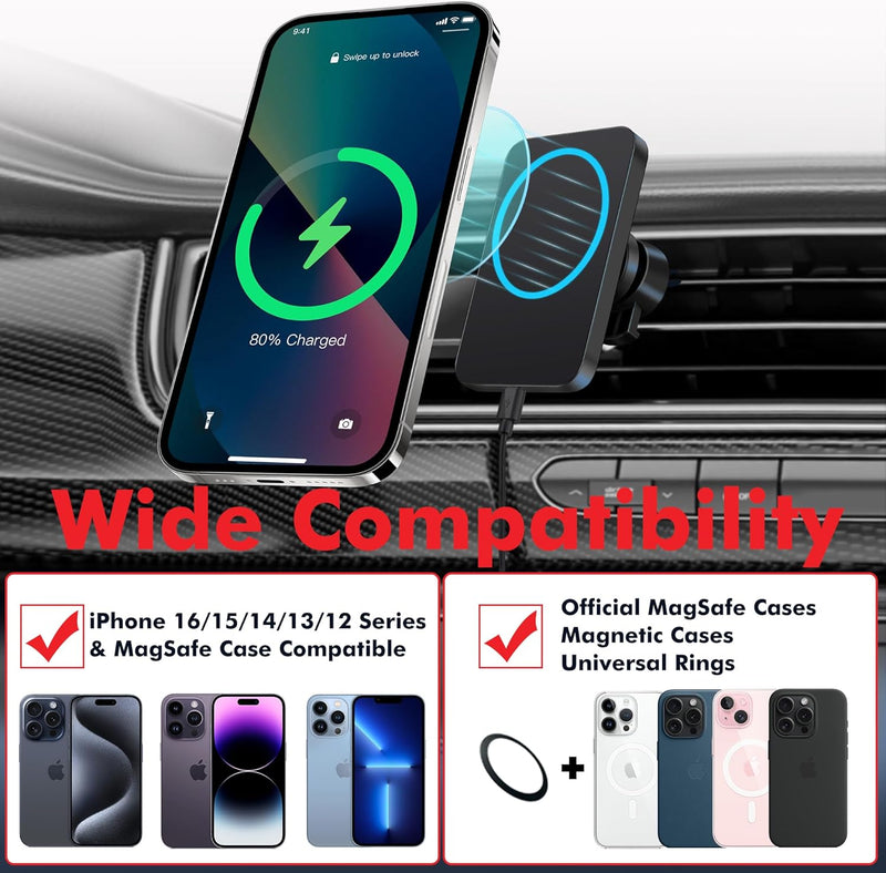 15W MagSafe Car Mount Charger β Magnetic Wireless Phone Holder Vent Mount for iPhone 16/15/14/13/12 Pro Max