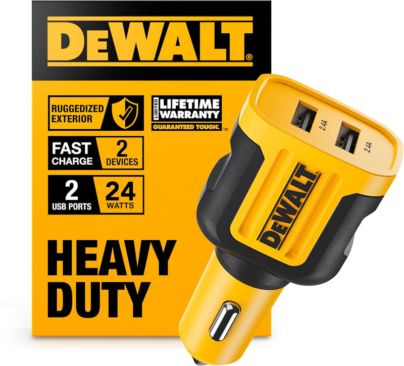 DEWALT Heavy Duty 24W USB Car Charger – Fast Dual-Port Adapter