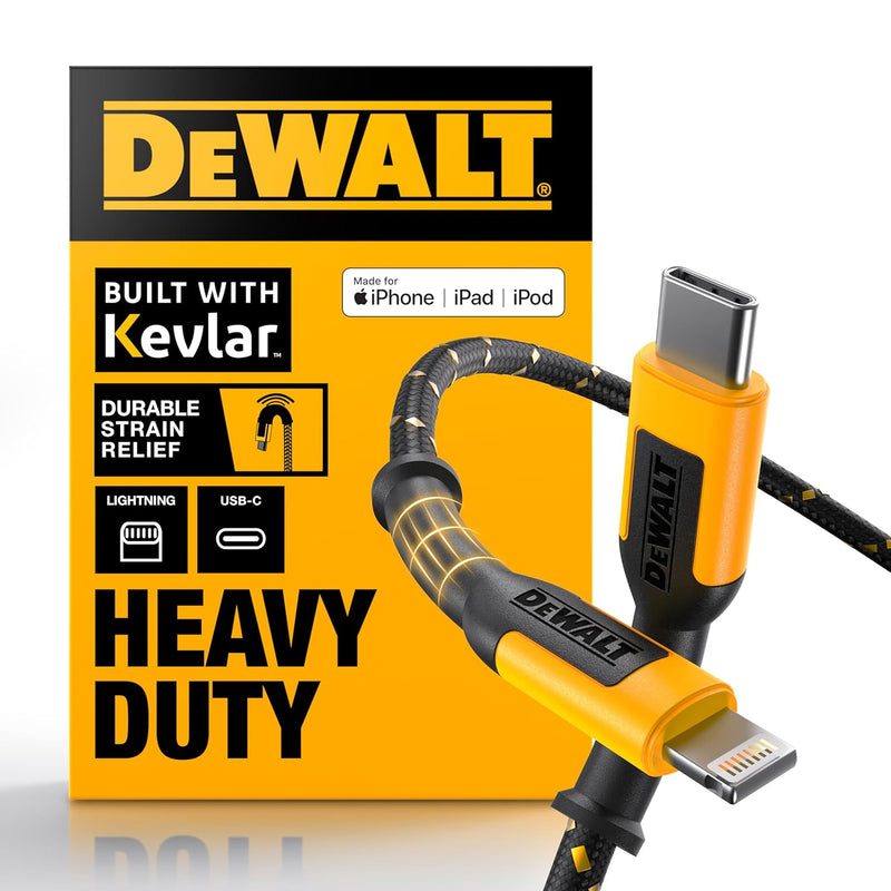 DEWALT Heavy Duty USB-C to Lightning Cable – MFi Certified Fast Charger for iPhone, iPad & AirPods