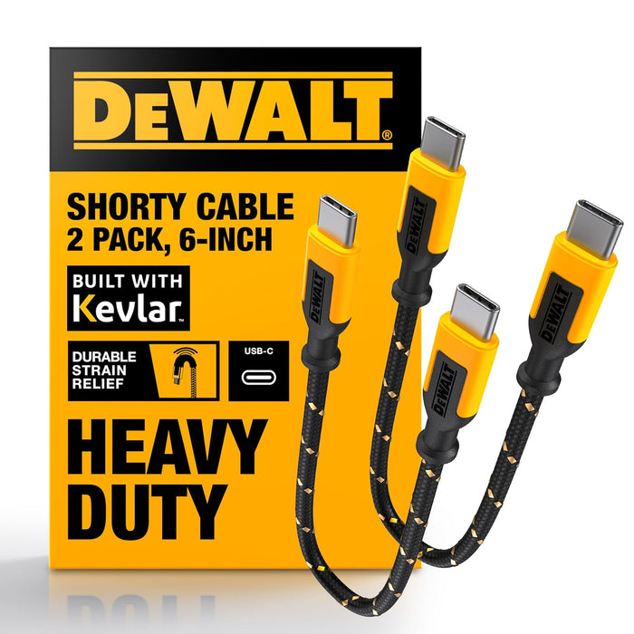 DEWALT Heavy Duty Short USB-C to USB-C Cable (2-Pack, 6in) – 60W Fast Charging Nylon Braided Type-C Cord for iPhone 16/15, Samsung Galaxy, Android