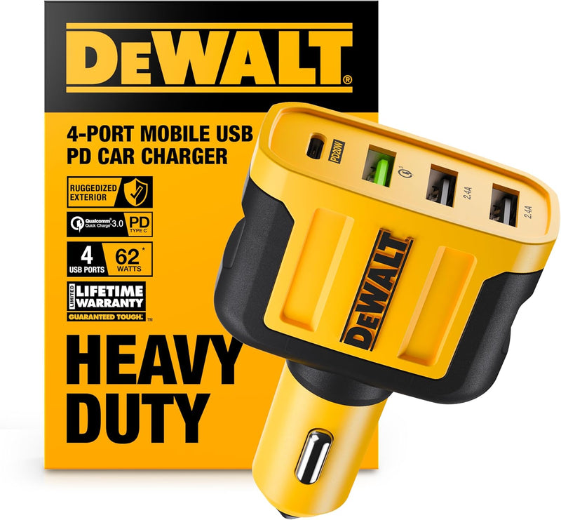 DEWALT Heavy Duty 4-Port USB-C Car Charger – 60W PD Multiport Adapter