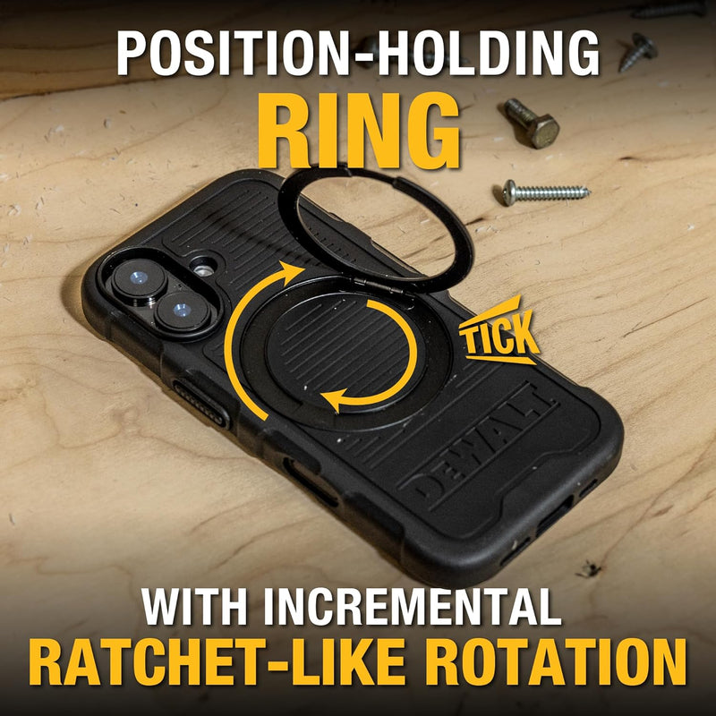 DEWALT 360° Magnetic Ring Case for iPhone 16 – Heavy-Duty, Kickstand & Grip