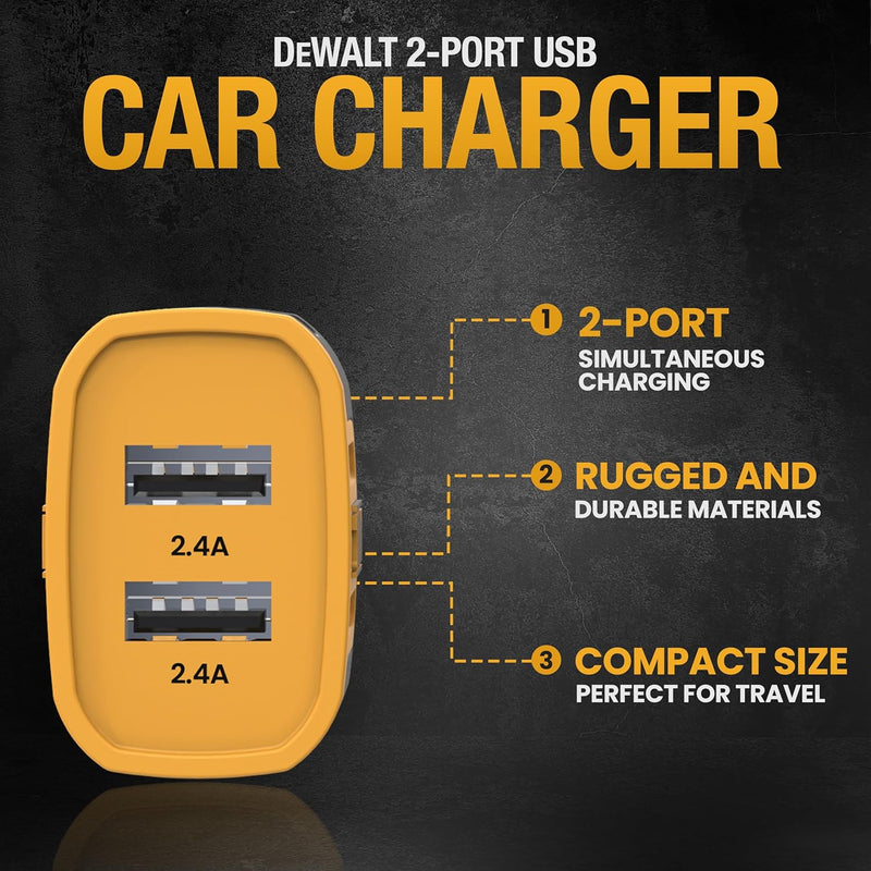 DEWALT Heavy Duty 24W USB Car Charger – Fast Dual-Port Adapter