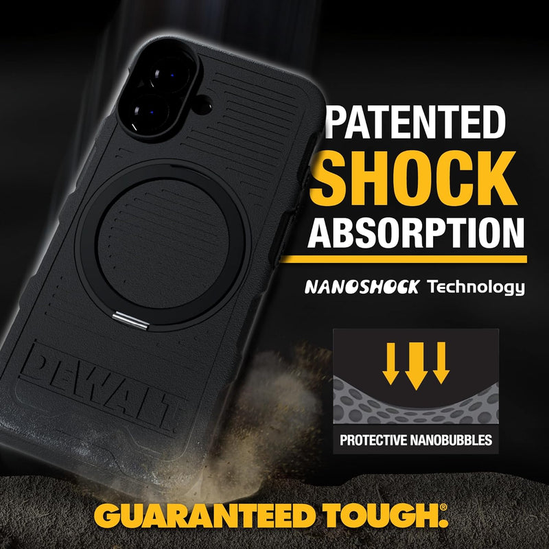 DEWALT 360° Magnetic Ring Case for iPhone 16 – Heavy-Duty, Kickstand & Grip