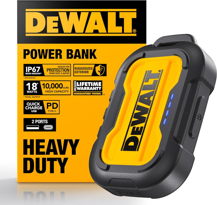 DEWALT Heavy Duty Portable Charger, 10,000mAh Power Bank w/USB-C Port, Fast Charging Battery Pack for iPhone 15/14/13 Series, Samsung Galaxy & More