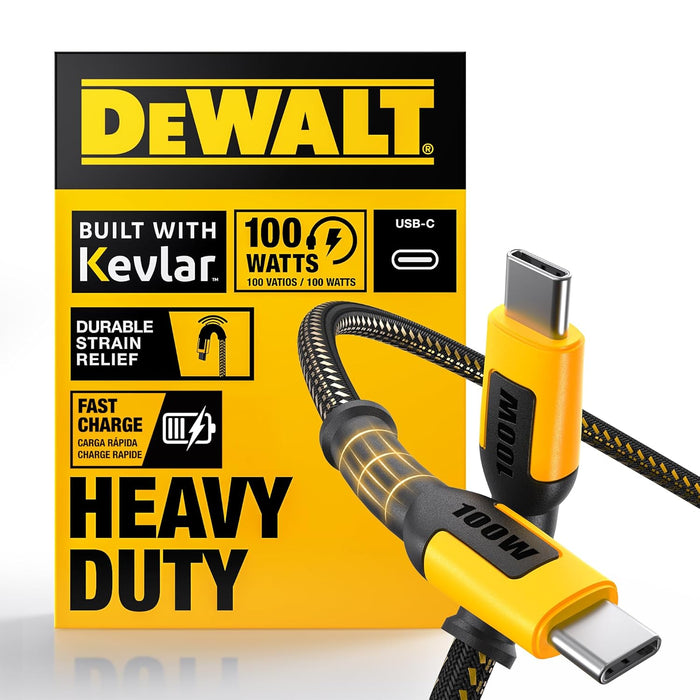 DEWALT 100W USB-C Cable – 6ft Kevlar-Reinforced PD Fast Charging Cord for Jobsite, iPhone, MacBook, Samsung
