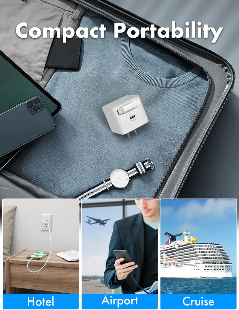 USB-C Retractable Charger – 35W GaN PD Wall Charger with Built-in Cable, Fast Portable Adapter for iPhone, iPad, Galaxy, Pixel