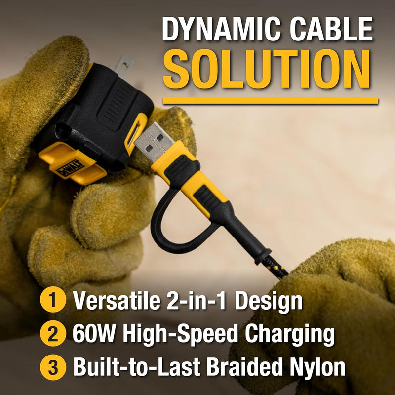 DEWALT 2-in-1 USB-C Cable (60W) – Type-C w/USB-A Adapter, Fast Charging