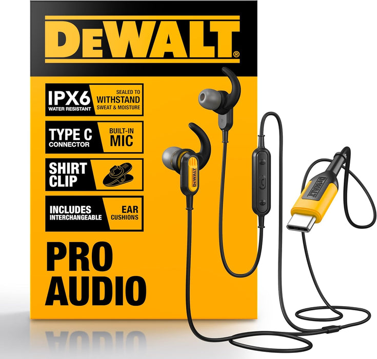 DEWALT Heavy Duty USB-C Wired Earphones – Jobsite Headphones w/Mic