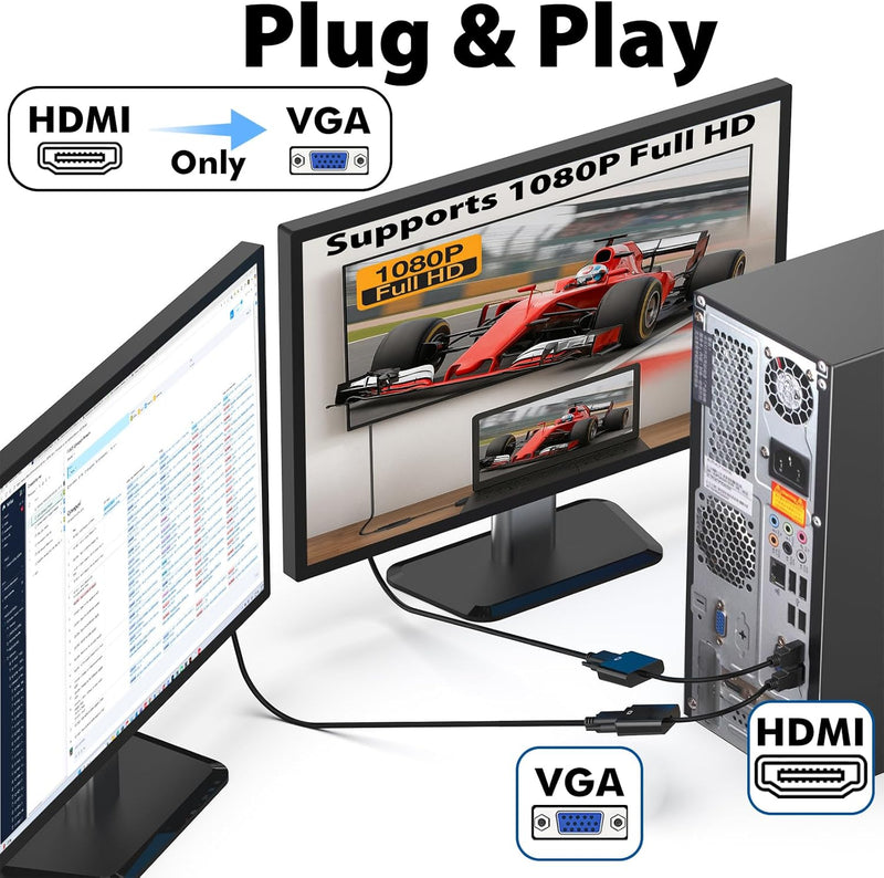 Cyberguys VGA to HDMI Adapter Cable – Female to Male Converter, 1080p Plug & Play