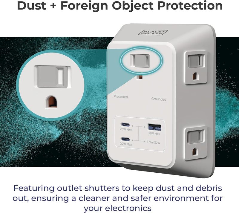BLACK+DECKER 5-Outlet Surge Protector Wall Charger – 2 USB-C PD & USB-A Fast Charging Ports