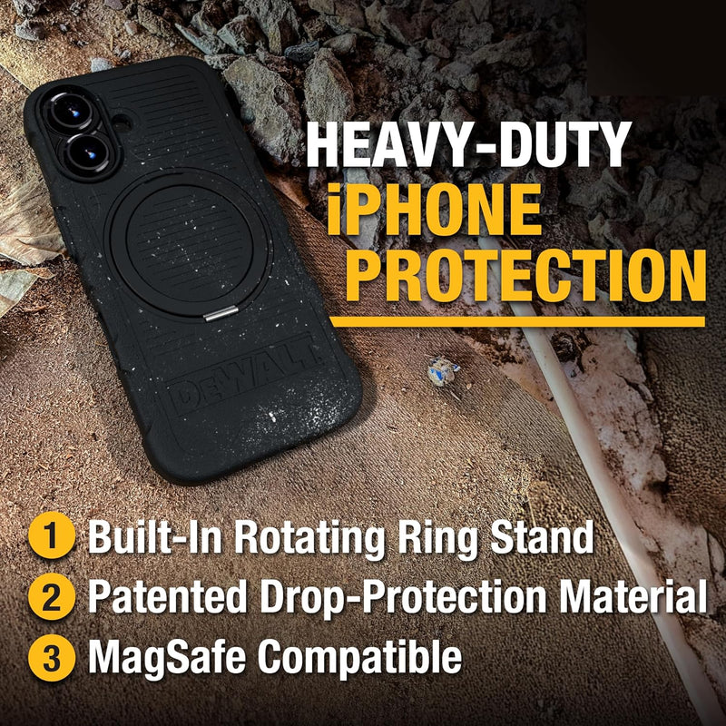 DEWALT 360° Magnetic Ring Case for iPhone 16 – Heavy-Duty, Kickstand & Grip