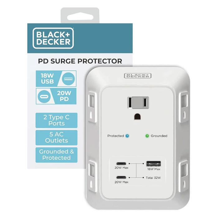BLACK+DECKER 5-Outlet Surge Protector Wall Charger – 2 USB-C PD & USB-A Fast Charging Ports