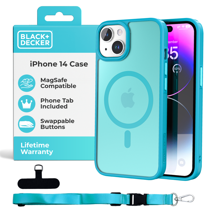 BLACK+DECKER iPhone 14 Case – MagSafe, Shockproof, Lanyard Strap, Custom Buttons