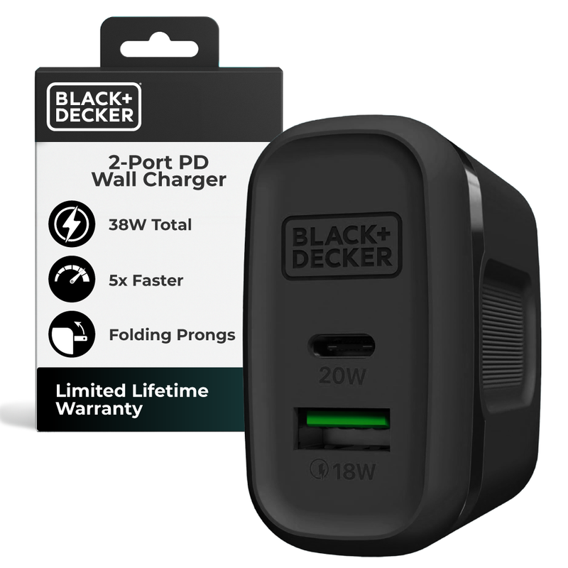 BLACK+DECKER 38W PD Wall Charger – Dual Port USB-C & USB Fast Charging Block