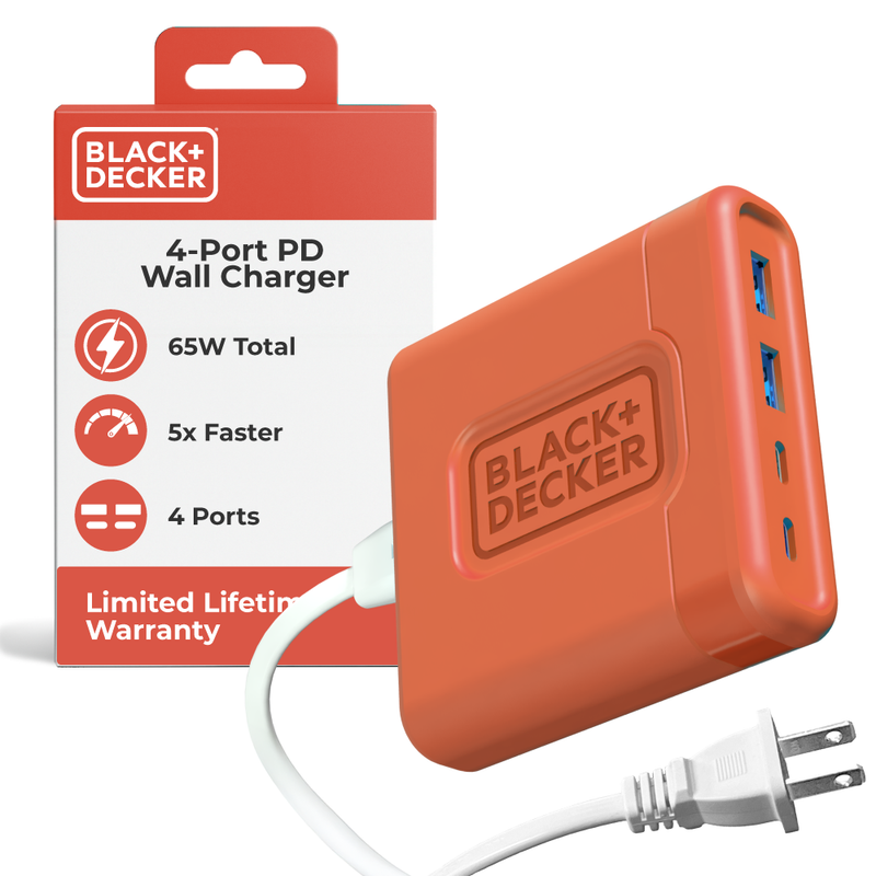 BLACK+DECKER 65W USB-C Fast Charger – 4-Port Charging Station with 2 USB-C & 2 USB-A for iPhone, iPad, Samsung, Pixel