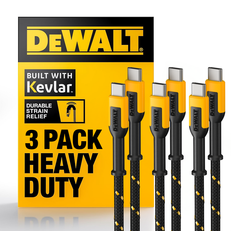 DEWALT Heavy Duty USB-C Cable 3-Pack (6ft) – 60W PD Fast Charging Type-C to Type-C for iPhone, MacBook, iPad & Samsung