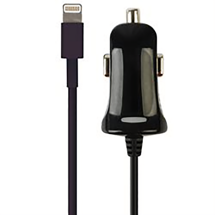 USB 1A CAR CHARGER W/LIGHTNING, 3FT, BLACK