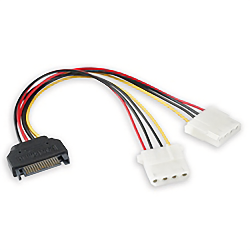 SATA Power Adapter Cable, 6 Inch – SATA 15-Pin Male to Dual 4-Pin Molex Female