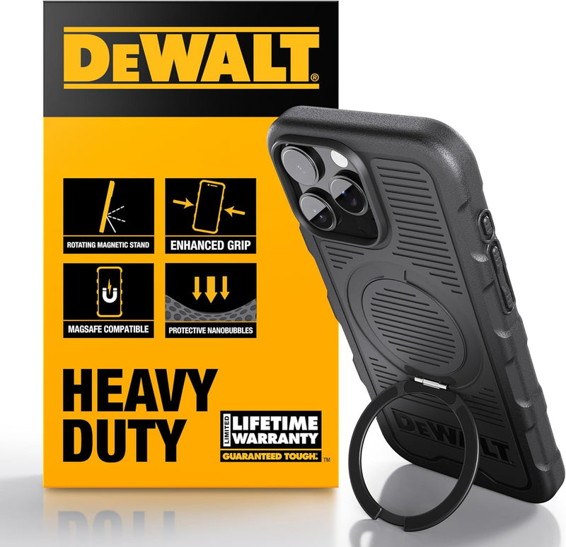 DEWALT 360° Magnetic Ring Case for iPhone 16 – Heavy-Duty, Kickstand & Grip