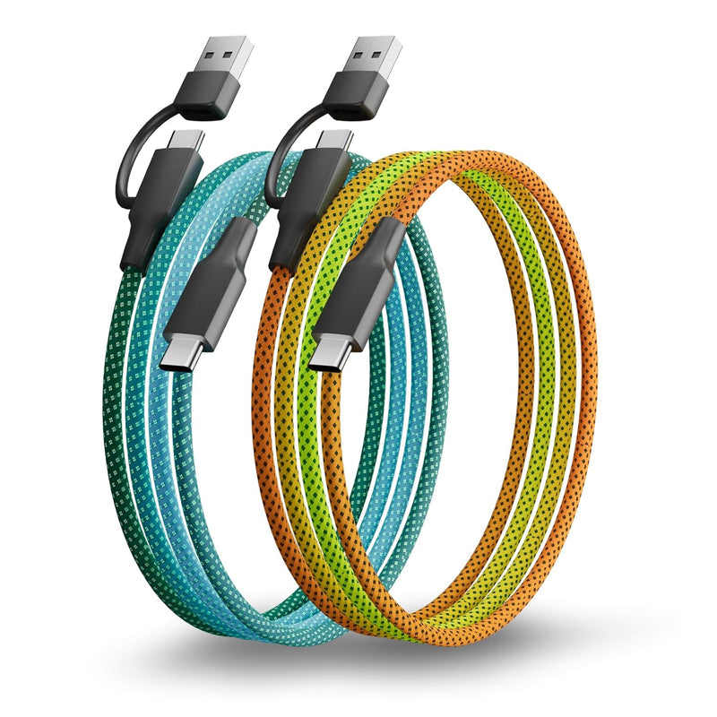TRAVEL DEPOT 2-Pack Multi Charging Cable – 3ft Ombre Braided 2-in-1 USB Cord with Type-C & USB Connectors for iPhone & Galaxy