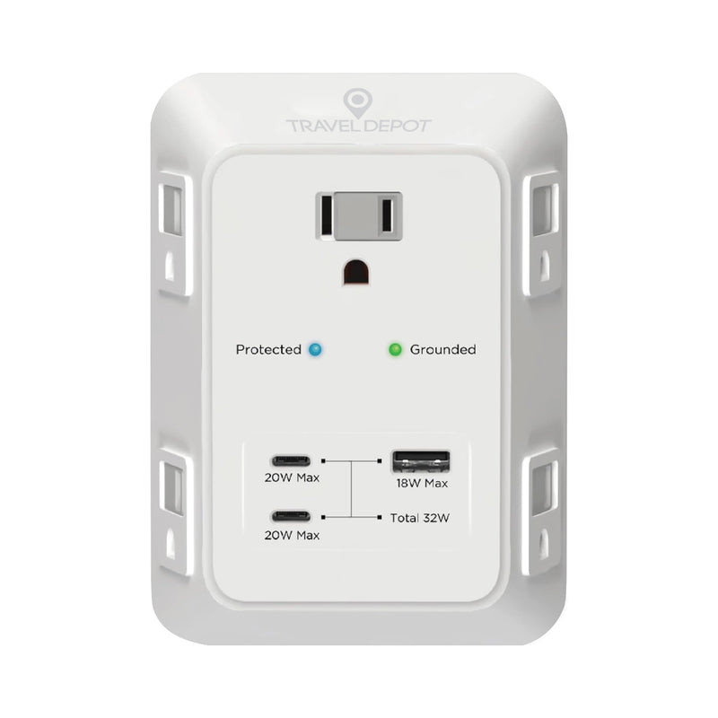 Travel Depot USB-C Wall Charger Surge Protector, 5-Outlet Extender