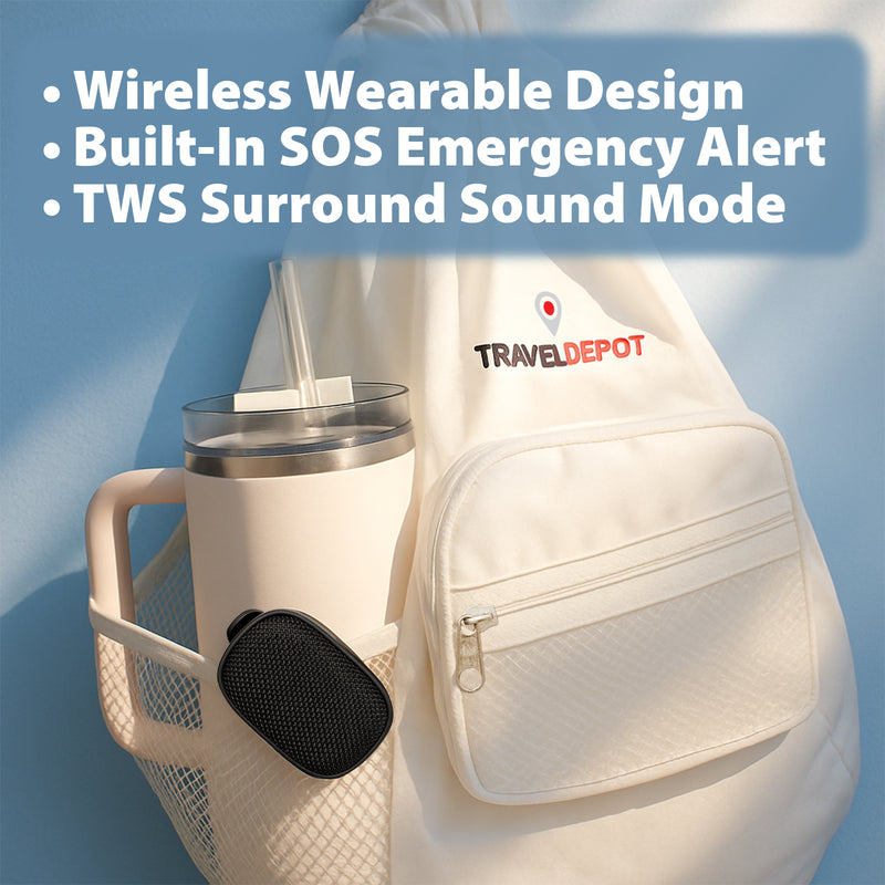 Travel Depot Mini Wearable Bluetooth 5.3 Speaker – Clip-On IPX5 with Mic