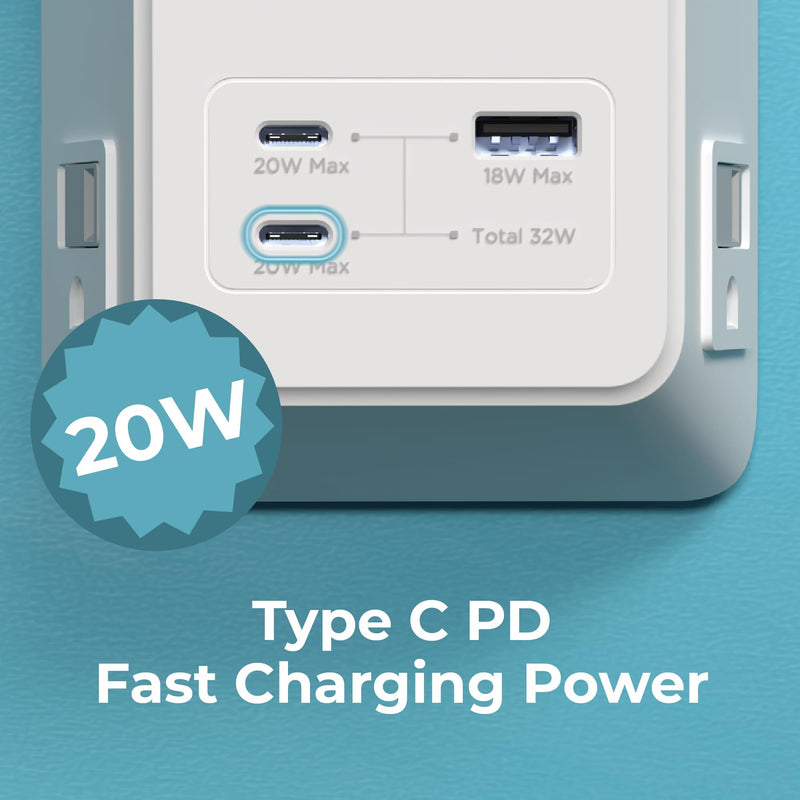Travel Depot USB-C Wall Charger Surge Protector, 5-Outlet Extender