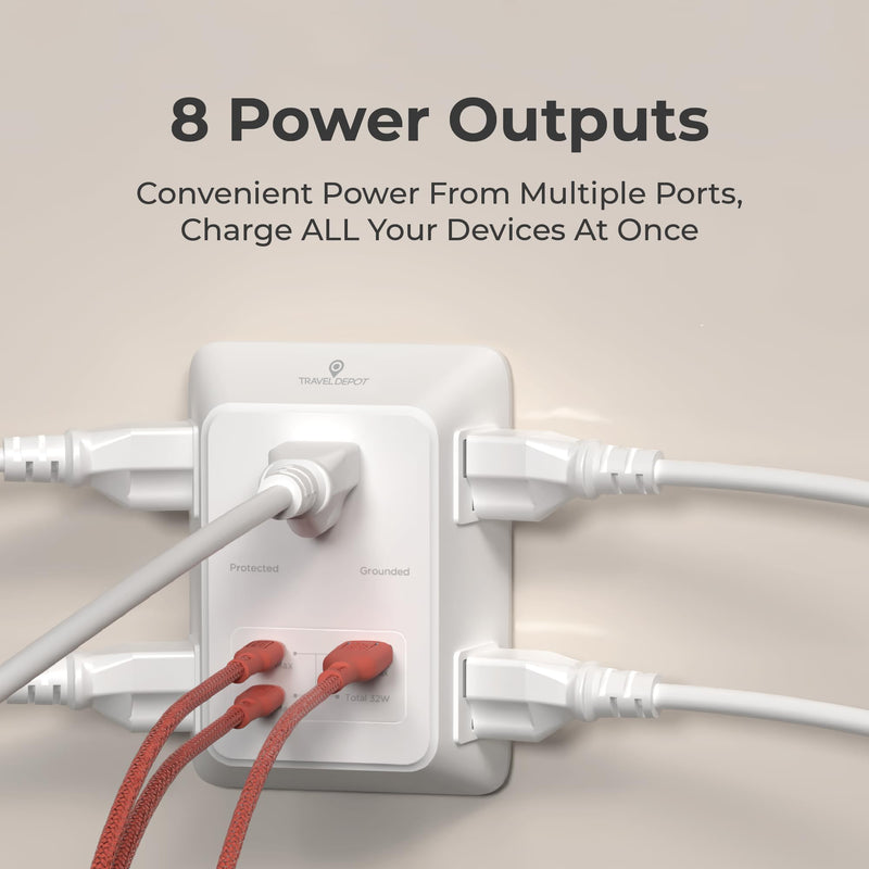 Travel Depot USB-C Wall Charger Surge Protector, 5-Outlet Extender