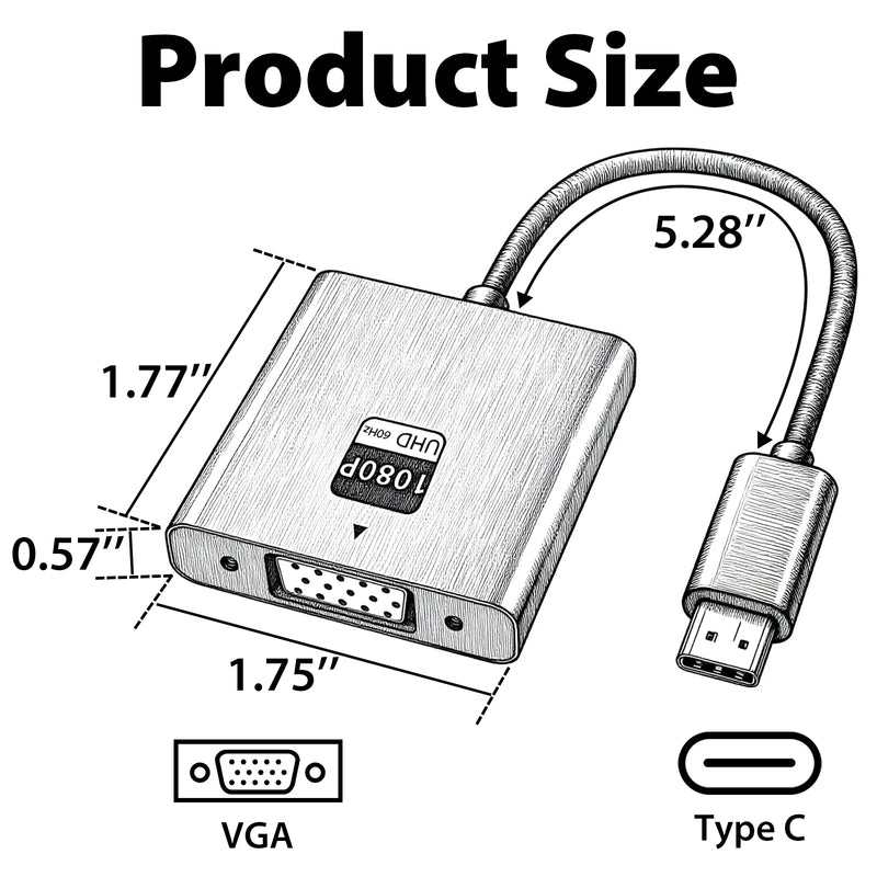 Cyberguys VGA to USB-C Adapter – Type-C to VGA Video Converter, 1080P@60Hz Plug & Play