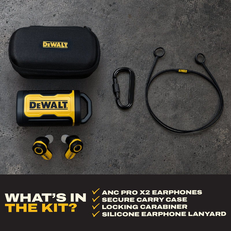 DEWALT Pro X2 ANC Wireless Earbuds Gift Bundle with Case and Carabiner