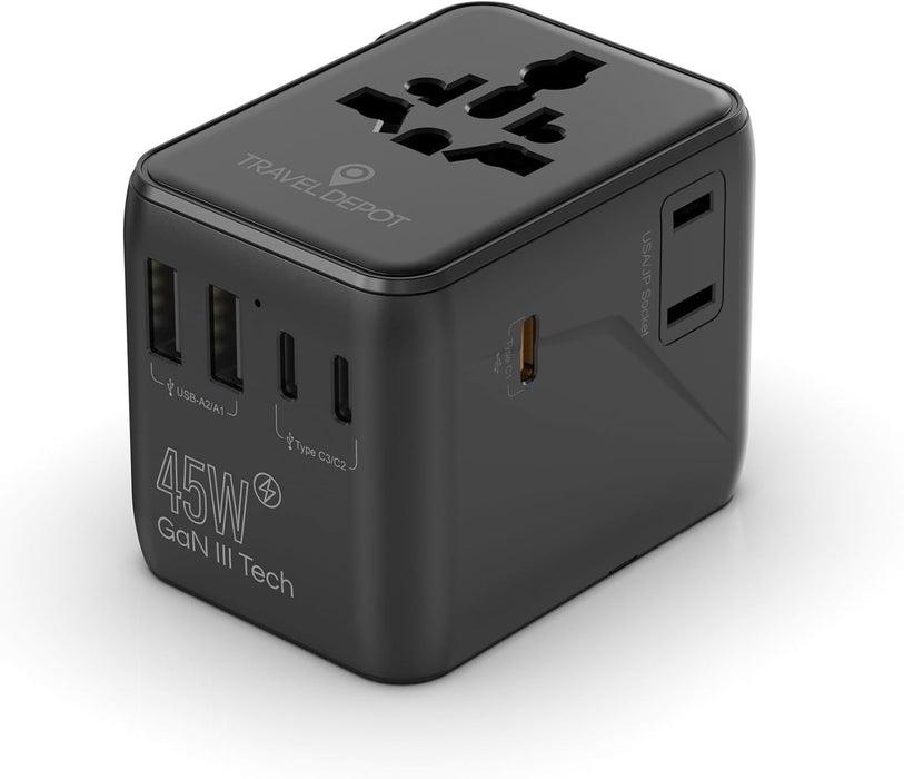 Universal GaN Travel Adapter – 5-in-1 USB/AC, Global Charging