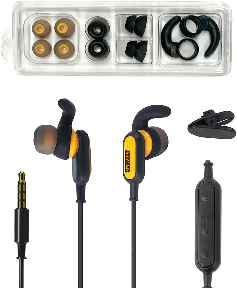 Dewalt Heavy Duty Wired Earphones with Microphone, Jobsite Earbuds Wired 3.5mm, Water-Resistant 3.5mm Earbuds with Mic, Connected Headphones for Outdoor Work