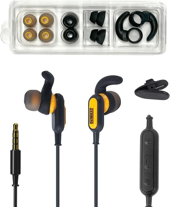 Dewalt Heavy Duty Wired Earphones with Microphone, Jobsite Earbuds Wired 3.5mm, Water-Resistant 3.5mm Earbuds with Mic, Connected Headphones for Outdoor Work