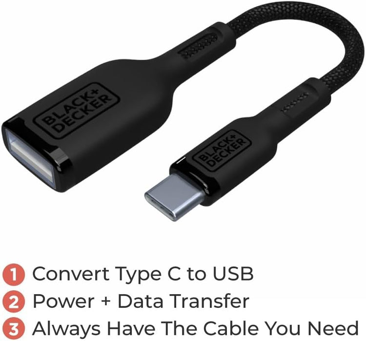 BLACK+DECKER USB-C to USB-A Adapter – Nylon Braided 2-Pack OTG Cable for iPhone, MacBook, iPad