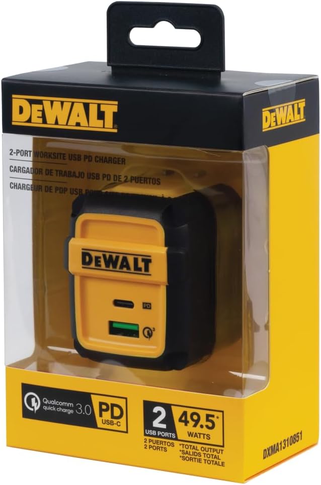 DEWALT Heavy Duty 49.5W Dual USB & USB-C Wall Charger – 2-Port Fast Compact Adapter for Phones & Tablets