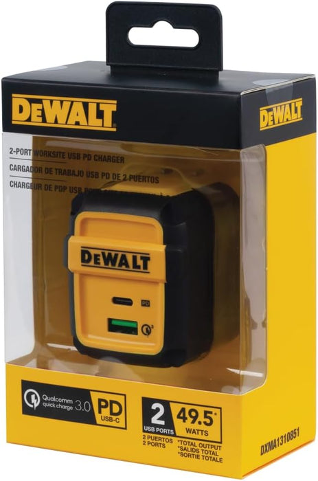 DEWALT Heavy Duty 49.5W Dual USB & USB-C Wall Charger – 2-Port Fast Compact Adapter for Phones & Tablets