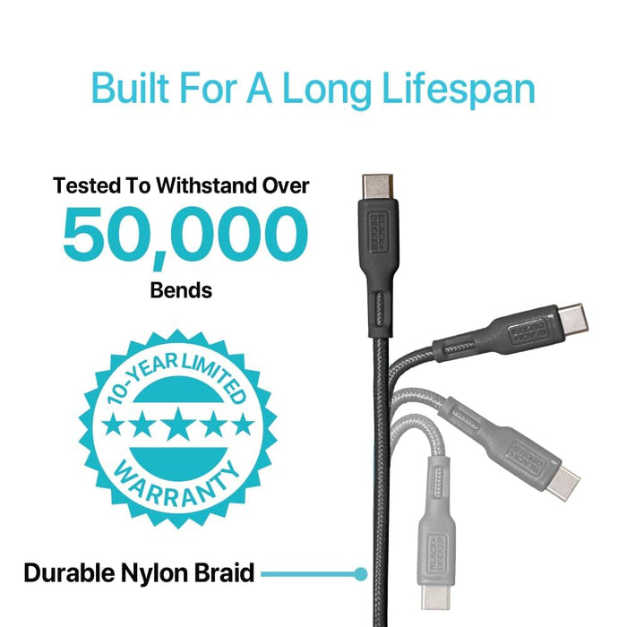 BLACK+DECKER 2-in-1 USB-C Charging Cable – Braided Fast Charger w/USB-A Adapter
