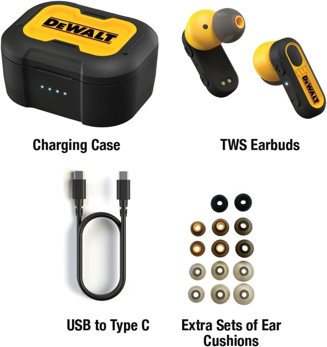 DEWALT Heavy Duty True Wireless Ear Buds, Bluetooth Headphones with Type C Charging Case Included, Over 30 Hours of Battery Life, Easy Setup for iPhone, Perfect for Jobsite, Outdoor Work